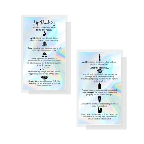 Lip Blush Aftercare Instructions Card | 50 Pack | 2x3.5" inches Business Card Size | Lip Glow Lip Blush PMU Lip Tint Lip Tattoo | Holographic Design