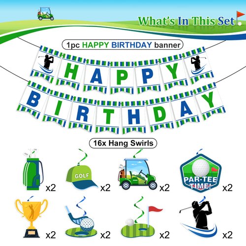 Golf Party Decorations, Golf Themed Party Decorations Include Happy Birthday Banner and Golf Hanging Swirls, Golf Birthday Party Supplies