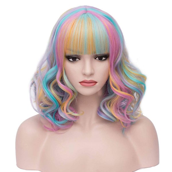 BERON 14 Inches Rainbow Wig Short Wavy Wig Rainbow Wigs with Bangs Bob Wig Colorful Wig for Women Wig Cap Include