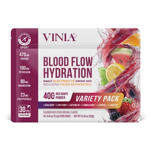 VINIA Resveratrol Electrolyte Hydration Powder Mix, Sampler Pack | Boost Blood Flow & Circulation | Sea Salt, Coconut Water Potassium, Magnesium, Informed Sport Certified, 30 Sticks