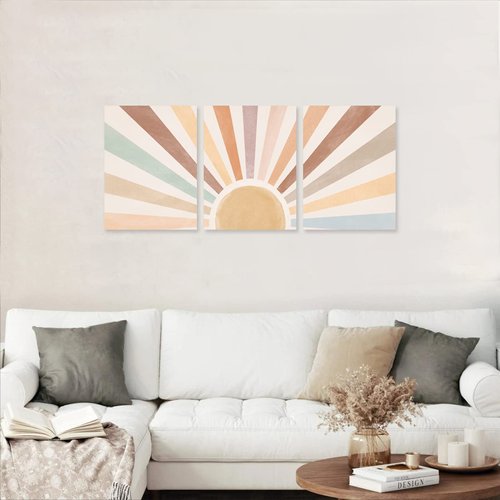 Boho Sun Wall Art Set of 3, Framed Canvas Wall Art Rainbow Sun Rising on the Horizon Geometric Nature Illustrations Line Art Wall, Office, 12"x16" Watercolor