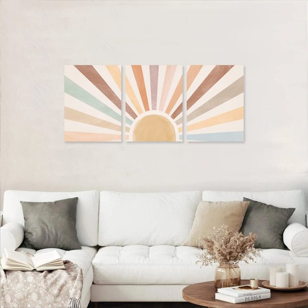 Boho Sun Wall Art Set of 3, Framed Canvas Wall Art Rainbow Sun Rising on the Horizon Geometric Nature Illustrations Line Art Wall, Office, 12"x16" Watercolor