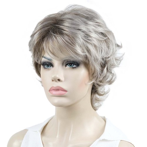 Aimole Synthetic Wigs Women's Curly Ends Short Fiber Wig With Layered Bangs(48T Light Gray with Dark Root)
