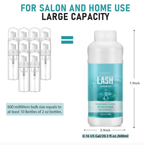 600ml Lash Shampoo Bulk, Eyelash Extensions Cleanser for Extensions, Safe Makeup Remover, Non-irritating or Burning Formula Eyelid Foaming Cleanser Best for Professional Salon and Home Use (Unscented)