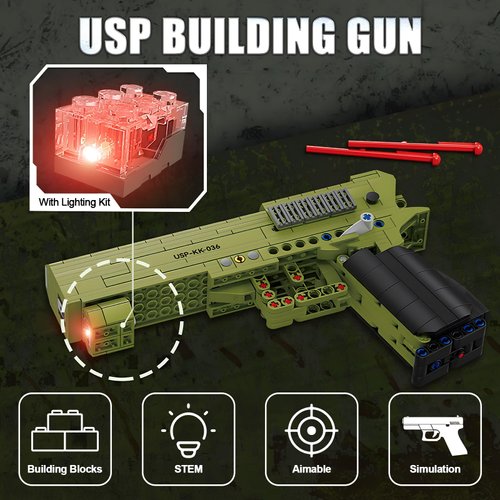 Finger Rock Gun Building Blocks Sets, 1:1 Simulation Shooting Toy USP Pistol Model Building Kit, Rifle Weapon Collectible Gift for Military Enthusiasts, Adults Kids 14+ (362 pcs)