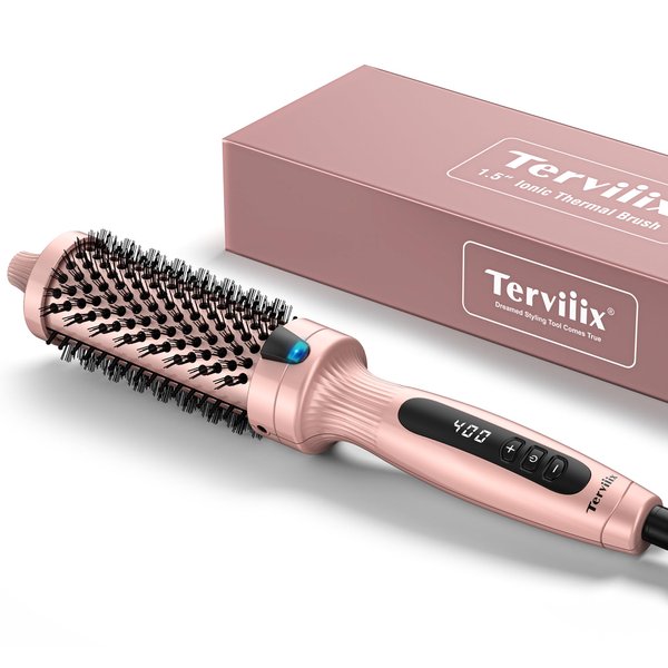 Terviiix Thermal Brush Get Voluminous Style, Quick Heating Hot Brush, Ceramic Tourmaline Ionic Curling Brush, Heated Curling Iron, Digital Display 9 Temperatures Curling Wand, Dual Voltage, 1.5 Inch