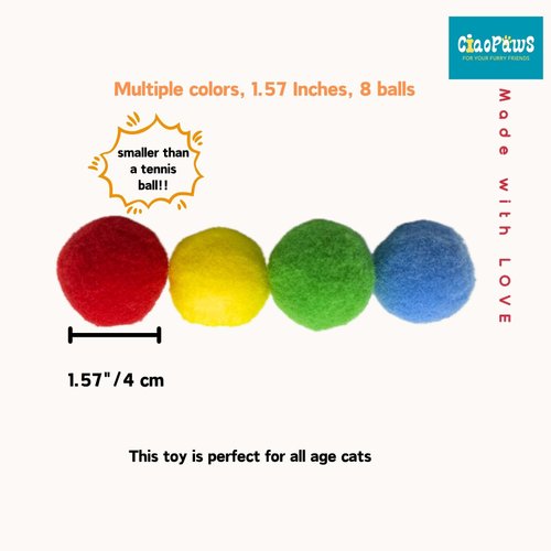 [CiaoPaws] 8 pcs 1.57 inch Pom Pom Balls Cat Toy - Slient and Safe for Cats' Indoor Playing and DIY Crafts (1.57"/4 cm, 8 Balls, Random Color)