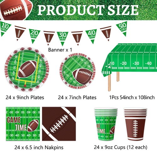 Football Party Supplies Tableware Set Football Theme Party Decorations Including Plates Napkins Cups Touchdown Tablecloth Banner for Football Birthday Party, Serve 24 Guests