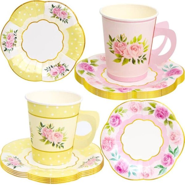 ceiba tree Floral Paper Disposable Tea Cups with Handle and Saucers Tea Party Decorations Favors 24 Sets for Girls Women Flower Birthday Baby Shower Wedding Party Supplies