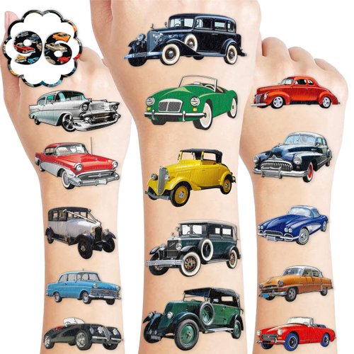 100PCS Vintage Classic Car Temporary Tattoos Themed Birthday Party Decorations Supplies Favors Decor Cool Transportation Vehicle Tattoo Stickers Gifts For Adults Boys Girls School Prizes Carnival