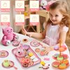 Lajeje Cat Tea Party Set for Little Girls - 49pcs Pretend Play Toy, Birthday Gift for Toddlers Ages 3 4 5 6 Year Old, Includes Kitten Tin Tea Set, Desserts, and Carrying Case, Cat Design