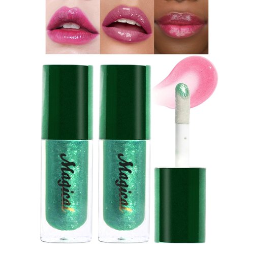 2 Pcs Glimmer Lipstick Lip Glosses, PH Color Changing Lip Oil | Long Lasting | Moisturizing | Shiny | Vegan | Tinted Lip Gloss, Green