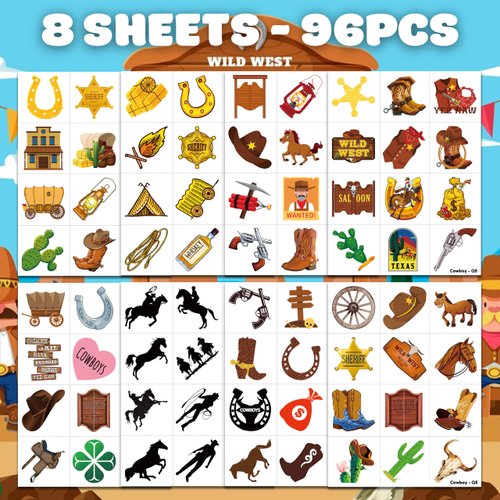 Cowboy Temporary Tattoos First Birthday Party Decorations Supplies Favors 96 PCS 8 Sheets Cute Fake Tattoo Stickers Party Games For Children Kids Boys Girls School Gifts Reward Home Activity