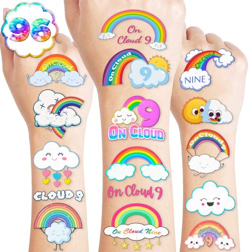 On Cloud 9 Temporary Tattoos Stickers Themed 9th Birthday Party Favors Decorations Supplies 103PCS Colorful Rainbow Tattoo Sticker Gifts For Boys Girls School Prizes Carnival Christmas