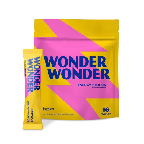 WonderWonder Energy Drink Powder Packets, Energy and Focus Supplement | Electrolytes Powder Packets & Energy Drink Mix | All Natural Focus Drink Mix and Hydration Powder | 16 Energy Pouches, Lemon