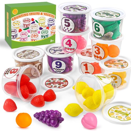 Joyreal Color Sorting Toys Play Food Sorters Tubs with Fruits and Vegetables, 65 Pieces One to Ten Counting Sorting Learning Toys, Preschool Pretend Play Toys for Toddlers