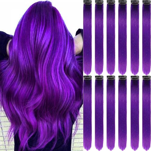 Olldag 12 PCS Purple Hair Extensions Clip in, 20-Inch Colored Hair Extensions Party Highlights Long Straight Synthetic Hairpieces for Women Kids Girls Halloween Christmas Cosplay