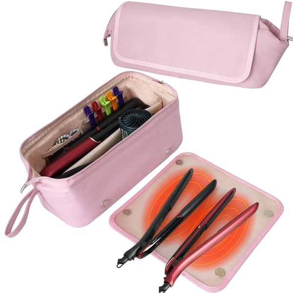 Hot Hair Tools Travel Bag with Heat-resistant Mat, Hair Tools Organizer for Straighteners, Curling Iron, Hair Dryers, Hair Accessories, Waterproof 2 in 1 Hair Styling Curling Iron Travel Case (Pink)