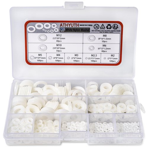 ATHYUTH 720-Pcs (9 Sizes) Round Nylon Washers White Flat Gasket Ring Sealing Washers Hardware Assortment Kit for Bolts and Screws.