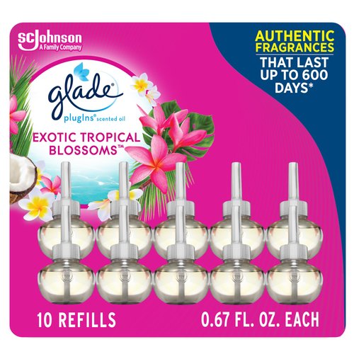 Glade PlugIns Scented Oil 10 Refills, Air Freshener, Exotic Tropical Blossoms, 10 x 0.67 oz