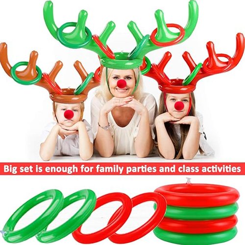 Total 18 Pcs 3 Set Inflatable Reindeer Antler Ring Toss Game Christmas Party Games Kids Family Xmas Toys Stock Stuffer Christmas Activities Carnival Supplies - 3 Antlers 12 Rings 3 Reindeer Nose