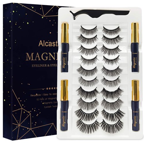 Magnetic Eyelashes with Eyeliner Kit,Magnetic Lashes with Applicator, Most Natural Looking,Strongest, Waterproof, 10 Pairs Reusable False Lashes Easy to Use.