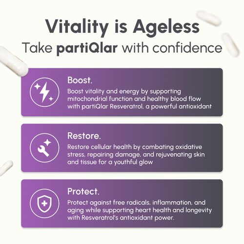 partiQlar High Purity Trans Resveratrol Supplement 500mg - Each Capsule Exceeds 98% Purity - 3rd Party Tested - Vegan - Sirtuin Activating and Cell Protecting Supplement - 60 Capsules