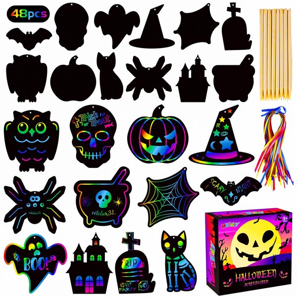MGparty Scratch Paper Craft for Kids - 48 Pcs Halloween Magic Rainbow Scratch Paper Off Cards Set for Kids Crafts Arts Supplies Halloween Ornaments Party Games Halloween Birthday Gifts