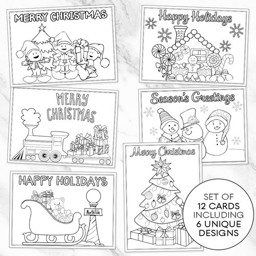 Christmas, Coloring, Greeting Cards, Holiday Greetings, Color Me Joyful, Printed, Assortment, 12 Flat Cards, With White Envelopes, Kids, Adult, DIY, Crafts, Grandchildren, Assortment Pack