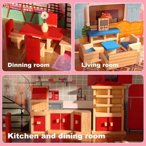 Giragaer Wooden Dollhouse Furniture 5 Set, Wood Doll House Miniature Bathroom/Living Room/Dining Room/Bedroom/Kitchen House Furniture Doll Decoration Accessories Pretend Play Kids Toy Colorful…
