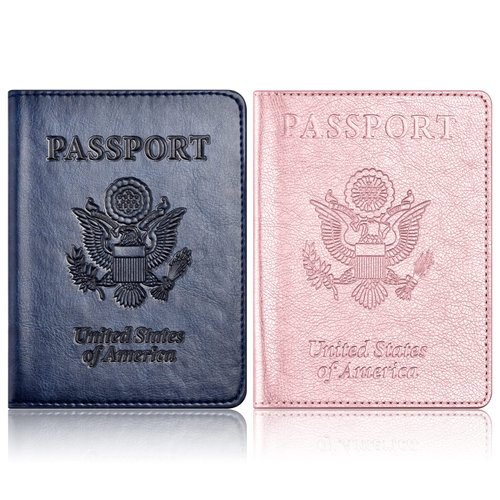 Eoehro 2Pack Passport Wallet with Vaccine Card Slot, Faux Leather, Dark blue+Rose gold, Unisex