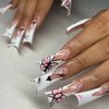 White French Tips Press on Nails Duck Shaped 24Pcs Glossy Full Cover Acrylic Short False Nails with Pink Butterfly Bow Designs Artificial Fake Nails with Charm Glue Stick on Fingernails for Women