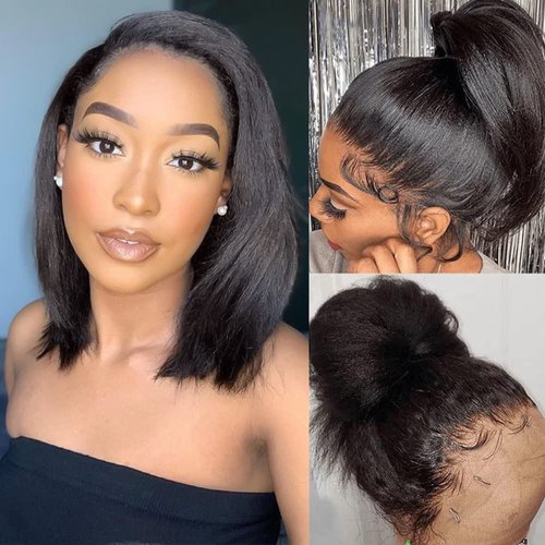 Jessica Hair Transparent Lace 180% Density Kinky Straight 5x5 Closure Wigs Short Bob Wigs Yaki Straight Brazilian Human Hair Wigs for Black Women Pre Plucked Natural Hairline with Baby Hair（10 Inch）