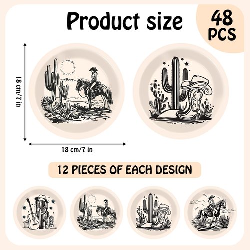 Wiooffen 48PCS Western Paper Plates 7inch Western Cowgirl Party Dessert Dinner Plates Wild West Rodeo Party Tableware for Cowboy Cowgirl Birthday Party Decorations Supplies