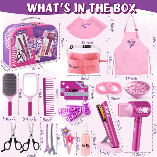 Toylink Hair Salon Pretend Play Toys for Girls 3 4 5 6 Year Old, Makeup Playset Toddler Dress Up Beauty Hair Stylist Kit with Hairdryer Straightener Apron Portable Box, Birthday Gifts for Girls 4-6