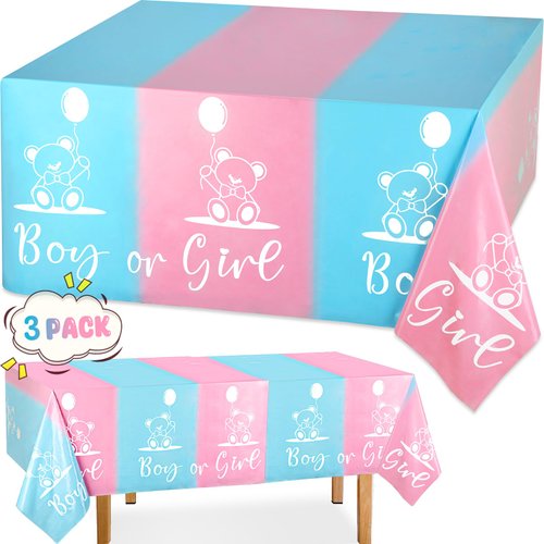 3Pcs Gender Reveal Decorations Baby Gender Reveal Table Cloths Bear Disposable Gender Reveal Ideas Plastic Waterproof Table Cover Baby Shower Birthday Boy or Girl Gender Reveal Party Supplies 54*108''