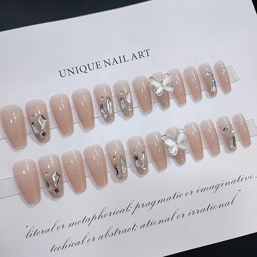 Press on Nails with Designs Medium Length, Coffin Shape Full Cover Reusable False Nails with Glue, Stick on Nails with Chrome Butterfly, Artificial Acrylic Fake Nails for Women, Glue on Nails Square