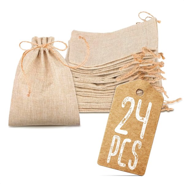 24Pcs 6x4in Small Drawstring Bags Mini Gift Bags - Burlap Bags with Drawstring Gift Bags Small Size Drawstring Christmas Gift Bags Medium Size - Jute Bag Reusable Gift Bags Muslin Bags with Drawstring