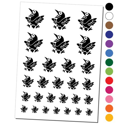 Shocked and Surprised Little Bird Crow Raven Temporary Tattoo Water Resistant Fake Body Art Set Collection - Black (One Sheet)