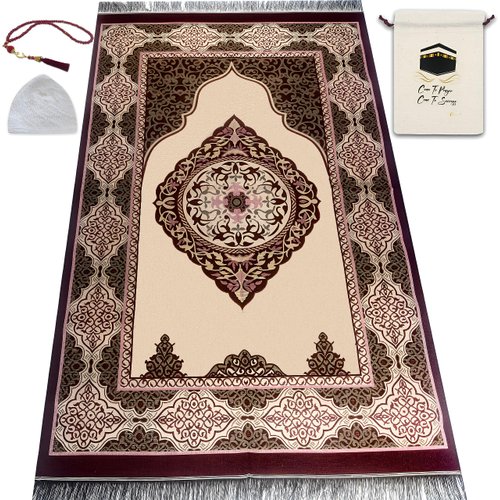 ESERRA Muslim Prayer Rug, 99 Prayer Beads and Prayer Cap Included, Prayer Mats Muslim for Praying Men, Women, and Kids, Prayer Set, Prayer Rugs Islam (Red)