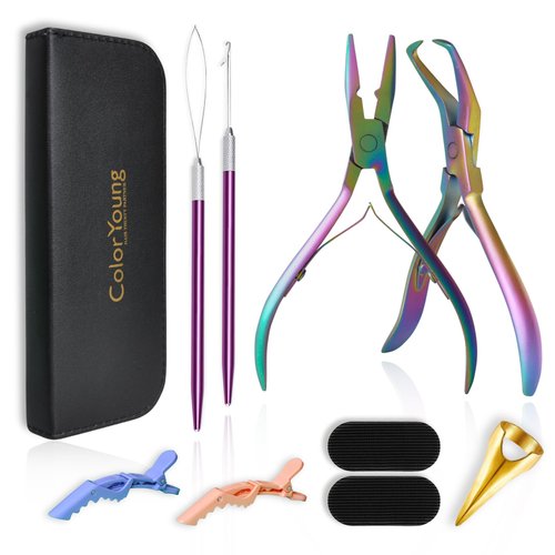 ColorYoung Hair Extension Beading Tool Kit Hair Extension Bead Closer and Remover For Micro Bead Hair Extensions and Pre-Bonded Hair Extensions (Rainbow)