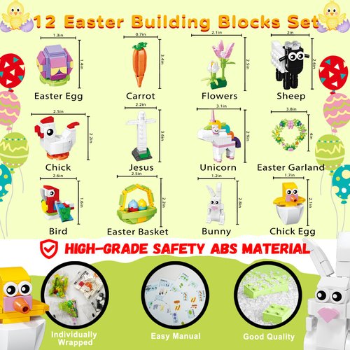 12Pcs Easter Egg Fillers Building Kits, Easter Rabbit 12 in 1 Building Blocks Set, Easter Bricks Toy Gift Easter Egg Fillers, Easter Basket Stuffers, Easter Party Favors for Kids 6+