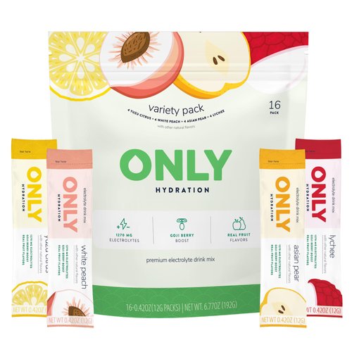 ONLY Hydration Variety Pack 1270 mg Electrolyte Powder - 3g Sugar - Monk Fruit Sweetener - No Artificial Flavors - Superfood Goji Berry - Vitamins C, B6, B12 - On-The-Go Sticks - 1 Pack (16 Packets)