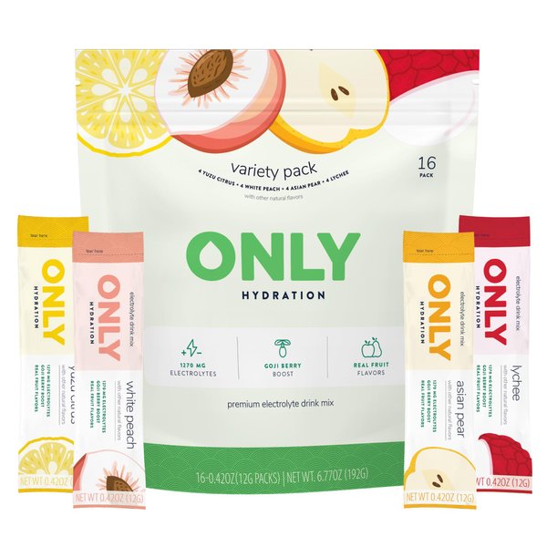 ONLY Hydration Variety Pack 1270 mg Electrolyte Powder - 3g Sugar - Monk Fruit Sweetener - No Artificial Flavors - Superfood Goji Berry - Vitamins C, B6, B12 - On-The-Go Sticks - 1 Pack (16 Packets)
