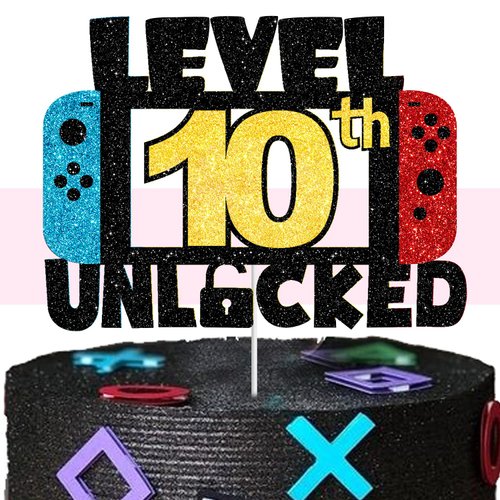 10 LEVEL UNLOCKED Birthday Cake Topper - 10th Happy Birthday Gamepad Cake Topper - Video Game Kids Boy Girl Bday Party Decorations Supplies - Handmade black gold red blue Glitter