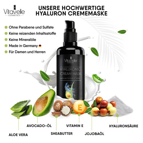 VITAVELLE Hydrating Face Mask – Hyaluronic Acid Moisturizer Mask Firming with Avocado Oil, Shea Butter, Aloe Vera and Jojoba Oil – Vegan Face Mask with No Parabens – Hydrating Face Masks Anti Aging