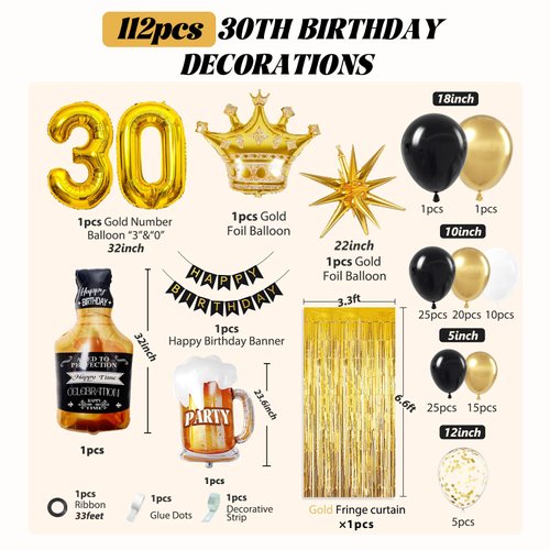 112pcs 30th Birthday Decorations for Him, 30th Birthday Decorations with Number 30 Foil Balloon Fringe Curtains White Black and Gold 30th birthday Balloons for Happy 30th Birthday Decorations