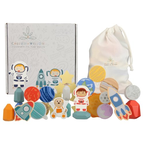 Toddler 30 Piece Stacking Wood Blocks Space Gift - Montessori 2 Year Old Fine Motor Skills Toy Learning Stacking Shape Sorter Sensory Preschool Busy Journey to the Moon (Block Set, Wood)