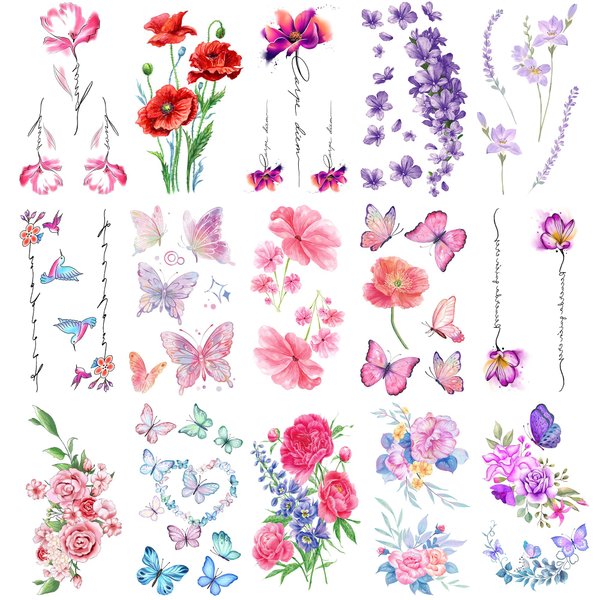 Oottati 15 Sheets Small Cute Hand Arm Temporary Tattoo Stickers Watercolor Colorful Violet Lavender Red Pink Rose Flower Butterfly