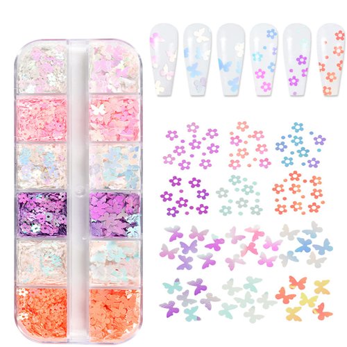 KACHIMOO Nail Glitter Sequins,12 Grids Gradient Nail Glitter Flakes 3D Cherry Blossoms Butterfly Nail Sequin Flakes Nail Accessories for Nail Art Decoration
